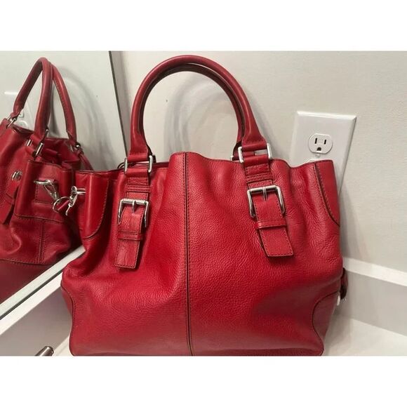 Michael Kors Brookville Red Leather Drawstring Double Handle Satchel Tote Bag - Picture 2 of 7